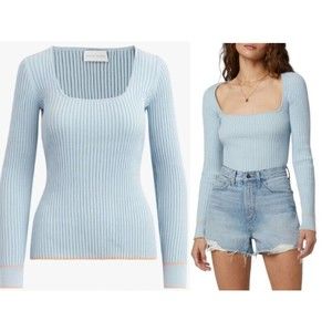 Favorite Daughter Baby Blue Long Sleeve 85%Cotton Square Neck Women's TOP XS